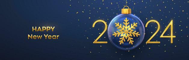 Happy New Year 2024. Golden metal 3D numbers 2024 with gold shining 3D snowflake in a Christmas glass bauble. Greeting card. Holiday Xmas and New Year poster, banner, flyer. Vector Illustration.