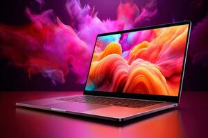 Mockup of beautiful laptop with multicolor background, Generative AI illustration photo