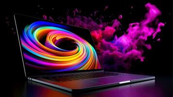 Mockup of beautiful laptop with multicolor background, Generative AI illustration photo
