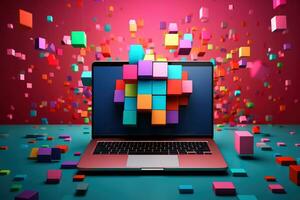 Mockup of beautiful laptop with multicolor background, Generative AI illustration photo