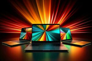 Mockup of beautiful laptop with multicolor background, Generative AI illustration photo