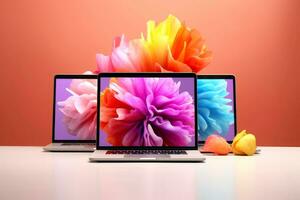 Mockup of beautiful laptop with multicolor background, Generative AI illustration photo