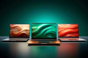 Mockup of beautiful laptop with multicolor background, Generative AI illustration photo