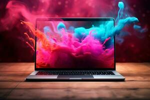 Mockup of beautiful laptop with multicolor background, Generative AI illustration photo