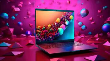 Mockup of beautiful laptop with multicolor background, Generative AI illustration photo