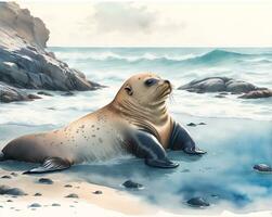 Unique watercolor painting featuring a cute sea lion, AI generated photo