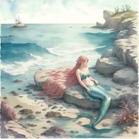 Unique watercolor painting featuring a mermaid, AI generated photo