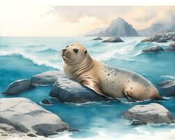 Unique watercolor painting featuring a cute sea lion, AI generated photo