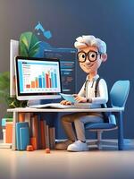 3d cartoon character and computer with open pages web analytics seo optimization dashboard photo