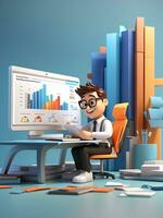 3d cartoon character and computer with open pages web analytics seo optimization dashboard photo