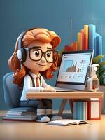 3d cartoon character and computer with open pages web analytics seo optimization dashboard photo