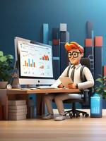 3d cartoon character and computer with open pages web analytics seo optimization dashboard photo