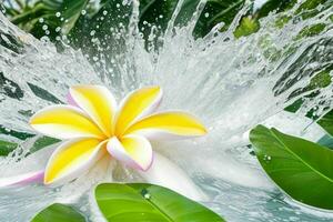 Water splash on Plumeria flower. background. AI Generative Pro Photo