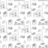 Reading books seamless pattern with a bookshelf, pile of books, cozy armchair, coffee table and floor lamp. Vector hand drawn doodle illustration on white background black outline.