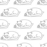 Seamless pattern with cute sleeping cat and ball of yarn. Cozy doodle vector hand drawn illustration.