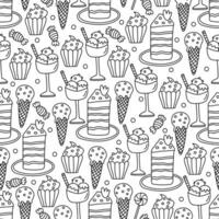 Seamless pattern with ice cream,  cakes and candies. Doodle hand drawn vector illustration on white background black outline.