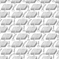 Seamless pattern with open books and feather with inkwell. Vector hand drawn doodle illustration on white background black outline.