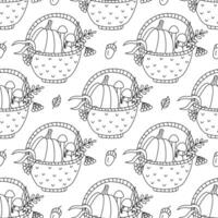 Autumn seamless pattern with wicker basket full of mushrooms, pumpkin and berries. Fall doodle vector hand drawn illustration.