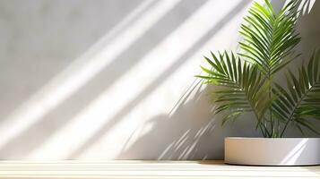 Blank white podium with white wall and plant. Background scene for product presentation. AI Generative photo