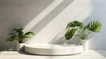 Blank white podium with white wall and plant. Background scene for product presentation. AI Generative photo