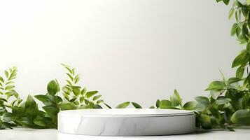 Blank white podium with white wall and plant. Background scene for product presentation. AI Generative photo