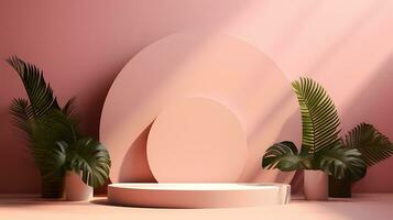 Minimal podium with plant for display product, product showcase, product exhibition, or product presentation. AI Generative photo