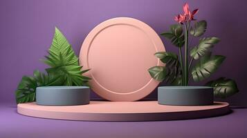 Minimal podium with plant for display product, product showcase, product exhibition, or product presentation. AI Generative photo