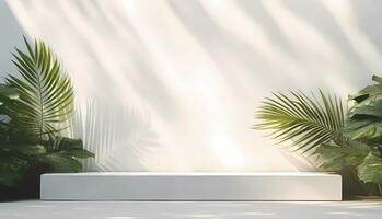 Blank white podium with white wall and plant. Background scene for product presentation. AI Generative photo