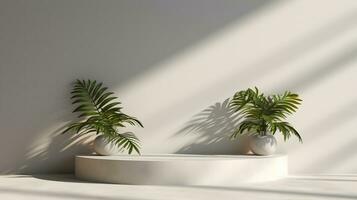 Blank white podium with white wall and plant. Background scene for product presentation. AI Generative photo