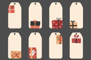 conjunto de Navidad y nuevo año etiquetas con regalo cajas regalo tarjetas para invierno vacaciones. vector