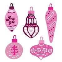 Set of Pink Christmas toys. Balls in barbi color with hand drawing ornaments. Isolated collection for Xmas, new year design. vector