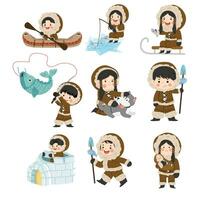 Set of inuits wearing traditional warm clothes vector