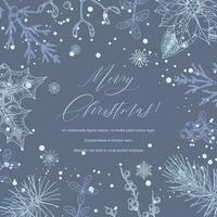 Merry Christmas and Happy New year blue square greeting card. Social media post template. Hand drawn sinter festive background with sketch botany elements. Engraving vector illustration