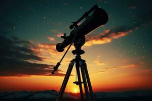 Telescope silhouette against night sky background. Generative AI photo