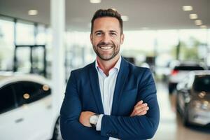 retrato de confidente vendedor en coche sala de exposición. generativo ai foto