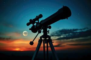 Telescope silhouette against night sky background. Generative AI photo
