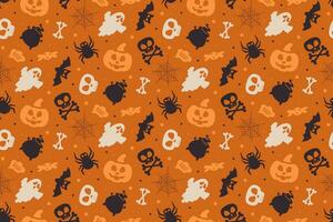 Seamless vector pattern with symbols of Halloween. For web, print or wallpapers. The illustration includes traditional elements such as a pumpkin, ghost, skeleton, bat