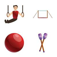 Playing sport icons set cartoon vector. Male athlete doing rings exercise vector