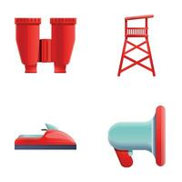 Coastal rescue icons set cartoon vector. Lifeguard post lifeboat and binos vector