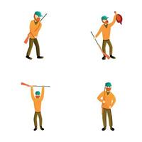 Hunting icons set cartoon vector. Bearded hunter character with rifle vector