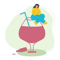 Female alcoholism. A sad girl sits on a glass of wine. Bad habit, alcohol addiction. Flat vector illustration