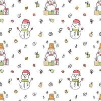 Funny snowmen with gifts. Seamless doodle illustration. For fabric, wrapping paper or wallpaper. Hello winter vector