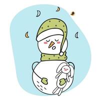 The snowman sleeps with a toy in his hands. Doodle illustration. Children's character. Hello winter vector