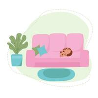 Cozy pink sofa with a cat. Room interior. Flat vector illustration