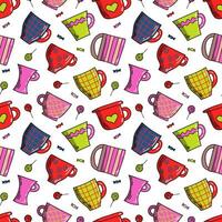 Vector bright colorful seamless pattern of mugs, lollipops and candy in doodle style