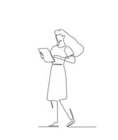 Continuous one line drawing of young woman using tablet computer. Vector illustration