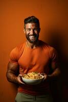 Fitness enthusiast consuming post workout pasta isolated on a health bar gradient background photo