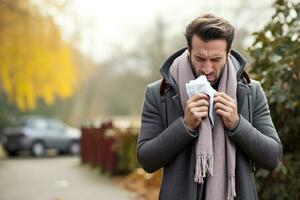 Person reading pharmaceutical leaflet during autumn flu season photo