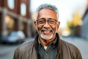 Indian man 70s with short grey hair photographed against blue background photo