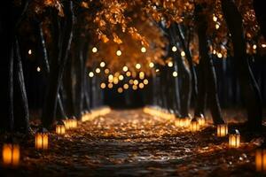 Glowing Halloween pathway lights eerie outdoor scene background with empty space for text photo